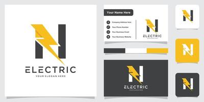 Initial N Letter with Lightning Bolt Logo Design with business card design vector