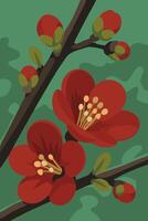 A stylized illustration of red flowers blooming on dark branches, set against a green leafy background. vector