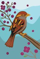 An artistic illustration of a sparrow on a branch with blossom vector