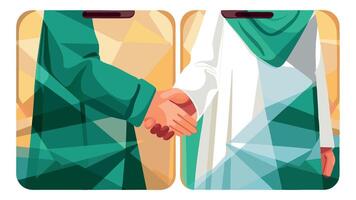 Abstract illustration of two hands shaking, one in a green garment and the other in a white outfit, symbolizing agreement and partnership in a modern geometric style vector