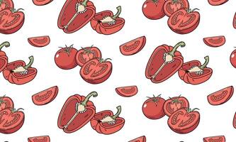 Hand-drawn illustration featuring vibrant red tomatoes and bell peppers arranged in a repetitive pattern, showcasing fresh produce in a playful and artistic manner vector