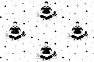 Hand-drawn pattern of a man reading a book while sitting cross-legged among plants, surrounded by decorative stars and dots, creating a serene and engaging atmosphere vector