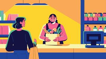 Colorful illustration of a grocery store scene featuring a cashier with a box of fresh produce, engaging with a customer at the checkout counter, showcasing vibrant shopping experience vector