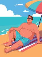 Relaxed man enjoying a sunny beach day, sitting on a colorful towel under a large umbrella, with ocean waves and clouds in the background, embodying summer leisure vector