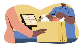 Illustration of a grocery checkout scene, featuring a cashier assisting a customer with a yellow bag filled with fresh produce and items, showcasing a vibrant shopping experience vector