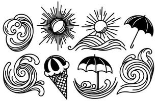Black and white illustration featuring various summer-themed elements including waves, sun, ice cream cone, and umbrella, creating a playful and vibrant beach atmosphere vector