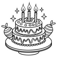 A two-tiered birthday cake with three candles on top. The cake is decorated with icing and surrounded by party decorations. Black and white hand-drawn isolated outline drawing on a white background. vector