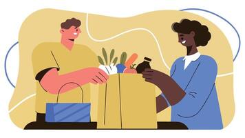 Two individuals engaged in a friendly grocery exchange, showcasing a variety of fresh produce and items in a colorful, modern illustration with a warm, inviting atmosphere vector