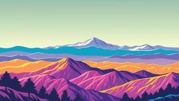 Vibrant landscape illustration showcasing majestic mountains with colorful gradients, lush forests, and a serene sky, capturing the beauty of nature in a stunning visual representation vector