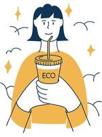 Eco-friendly illustration of a woman holding a reusable cup with a straw, surrounded by clouds and stars, promoting sustainability and environmental consciousness in a vibrant design vector