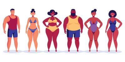 Group of diverse individuals in swimwear showcasing body positivity and confidence, standing together in a line, celebrating different body shapes and sizes, vibrant colors and cheerful expressions vector