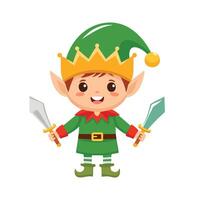 A cartoon elf with two swords and a crown vector