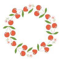 Cherry wreath with small flowers and green leaves arranged in a circular frame. Round border for greeting card or recipe book. vector