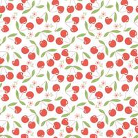 White background with red cherry and green leaf seamless pattern. Sweet fruit berry for food packaging and fabric design. vector
