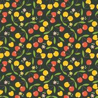 Cherry fruit seamless pattern with red and yellow cherry and green leaves. Berry background for food design vector