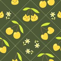 Cute cherry seamless pattern with cat faces and daisy flower. Food background with delicious summer fruit. Textile design for kid. vector
