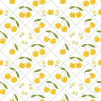 Cartoon yellow cherry with cat face and flower pattern. Seamless summer fruit background for textile, print and wrapping paper. vector