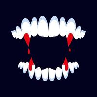 Vampire jaws with bloody fangs on dark background. Teeth with long fangs and flowing blood vector