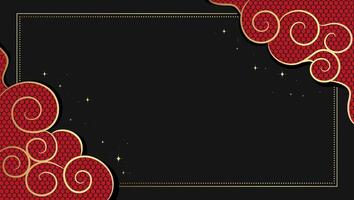 Celestial golden frame with red Asian swirl clouds with geometric ornament. Hand drawn celestial Chinese doodle clouds vector
