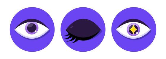 Set of human eyeball icons in flat style. Open eye, closed eye with eyelashes, eye with shiny star of delight vector