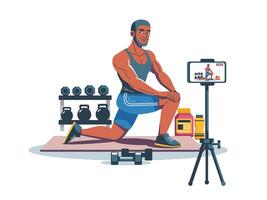 exercising man with weights and camera vector