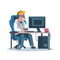 gamer using computer with headphones vector