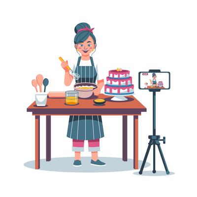 Woman baking cake while streaming, cartoon. Suitable for social media