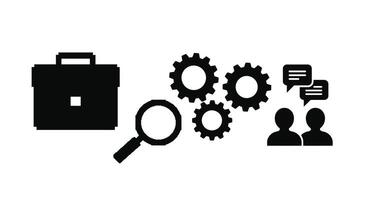 a black and white image of a briefcase, a magnifying glass and a person vector