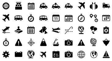 a set of black and white icons that include a plane, a car, a map, and vector