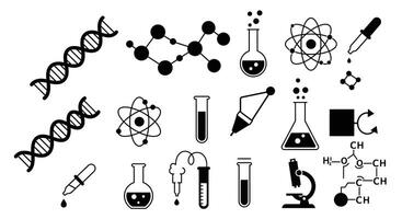 various science symbols and objects are shown in black and white vector