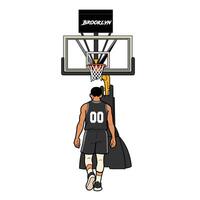 illustration of a basketball player in a black uniform standing under the hoop, viewed from behind. The scene shows a basketball court setup with a Brooklyn branded backboard. vector