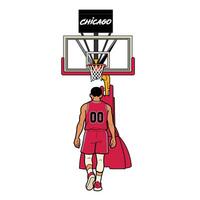 illustration of a basketball player in a red blue uniform standing under the hoop, viewed from behind. The scene shows a basketball court setup with a Chicago branded backboard. vector