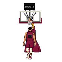 illustration of a basketball player in a red blue uniform standing under the hoop, viewed from behind. The scene shows a basketball court setup with a Cleveland branded backboard. vector