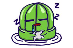 Kawaii Green Jelly On A Plate Mascot Sticker Collection With Sleeping Expression While Hugging Pillow vector