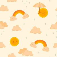 Cute sunny pattern with clouds and rainbows vector