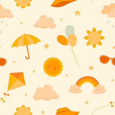 Cosy pattern in warm yellow and beige colours with balloons, kite, rainbow, cute sun, clouds, stars. Ideal for children's products, textiles, stationery, bedding, cover