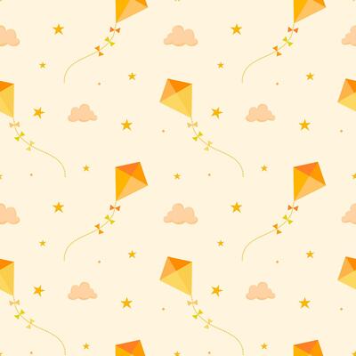 A delicate and warm pattern with flying kites, clouds and stars on a creamy beige background. Ideal for children's textiles, wallpapers, bedding, bedspreads, clothing, stationery