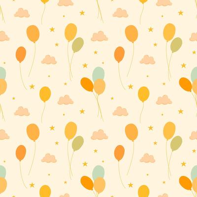 Cute pattern with colourful balloons, stars and clouds on a ligh creamy background. Ideal for wallpaper, stationery, bedding, cover, books, card, children's textiles