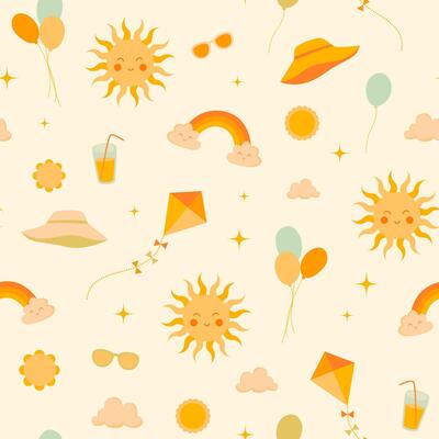 A cheerful seamless pattern in a flat cartoon style with smiling suns, clouds, rainbows, kites, balloons. The soft pastel background and warm tones ideal for children's products, textiles, stationery.