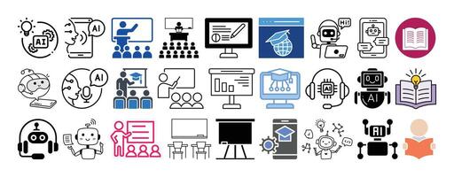 Set of Smart classrooms, EdTech, Digital whiteboards, Smart books, E-education and AI Assisted learning icon set collection design. vector