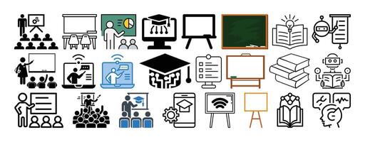 Set of Smart classrooms, EdTech, Digital whiteboards, Smart books and AI Assisted learning icon set collection design. vector