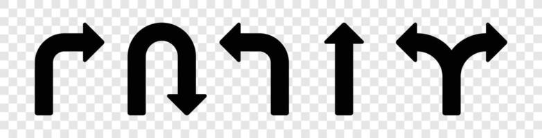 The image shows an arrangement of simple, solid black arrows illustrating various directional options. These include turns, straight paths, U-turns, and bifurcations. vector