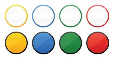 A collection of eight circles is arranged against a white background. Each circle features a distinct color, alternating between solid and striped patterns. vector