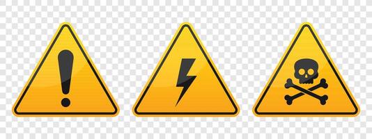 Three yellow warning signs with black borders displayed against a translucent background. The left sign has an exclamation point, the middle a lightning bolt, and the right a skull. vector