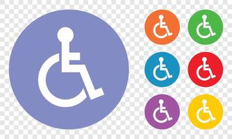 A vibrant set of circular accessibility symbols, each featuring a person in a wheelchair. The symbols come in diverse colors indicating inclusion and support. vector