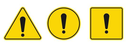 Three yellow-colored signs in different shapes depict warning symbols. The shapes are a triangle, a circle, and a square, each containing a black exclamation point symbol. vector