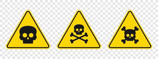 Three yellow, triangular hazard signs with skull and crossbones icons alerting to possible dangerous or poisonous substances and the need for caution in the area. vector
