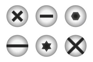 This image displays an assortment of screw head designs, commonly utilized in fastening applications. Each screw head type offers distinct advantages for different purposes. vector