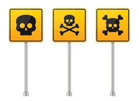 Three identical warning signs with yellow backgrounds stand side-by-side, each mounted on a metal pole, featuring various skull and crossbones designs, cautioning of danger. vector