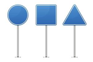 Three blue road signs stand in a row against a white background. The signs are circle, square, and triangle shaped, each mounted on a metal pole for roadside installation. vector